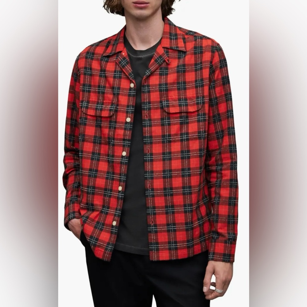 Brand New AllSaints Recon Relaxed Fit Plaid Long Sleeve Camp Shirt Size Medium